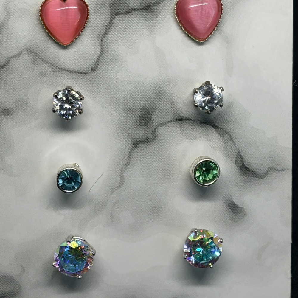 Stud‎ Earring Lot 4 Pair CZ Aurora Borealis Pink Heart Blue Green Silver Tone